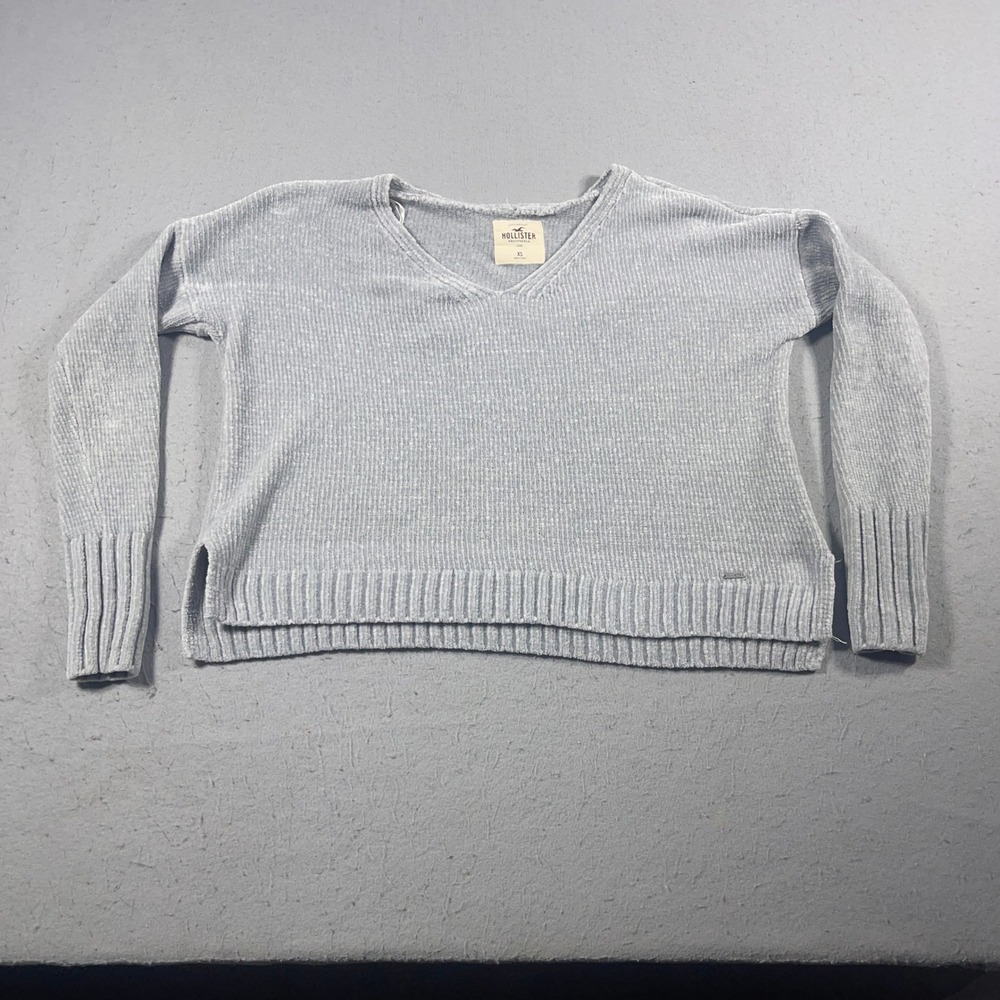 Hollister Sweater Women XS Gray V-Neck Soft Chenille Knit Ribbed Hem Cozy